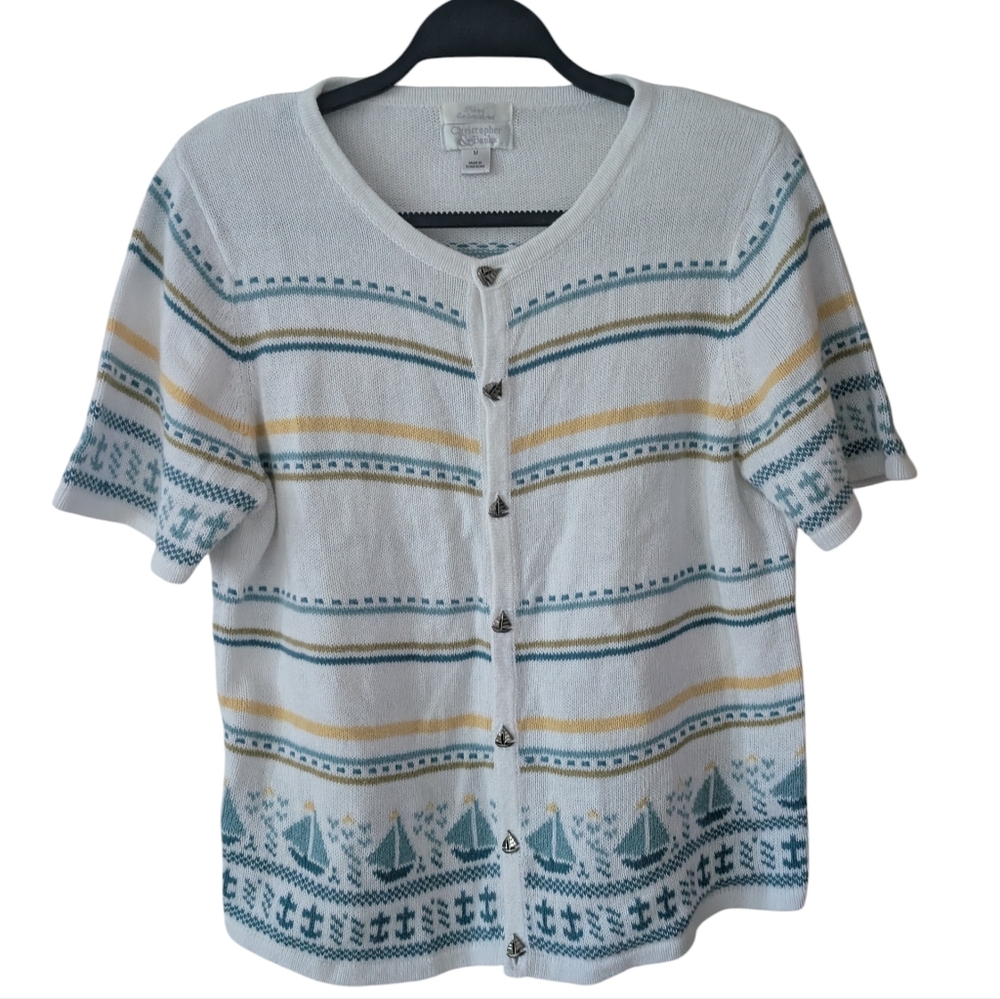 Vintage Y2K Hand Embroidered Sailboat Nautical Short Sleeve Cardigan‎ Size M